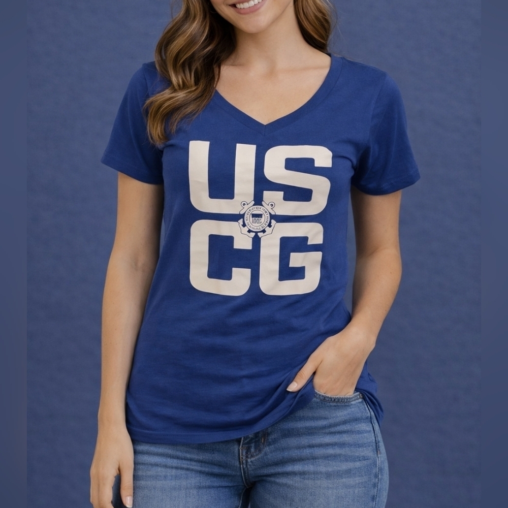 BAYSIDE Blue US Coastguard V-Neck Graphic Short Sleeve Tee